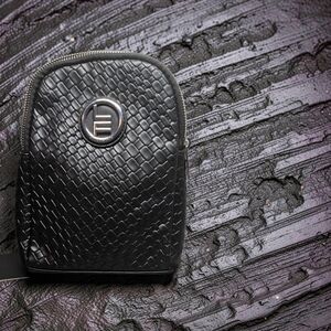 NWT London Fog Black Woven Broadway Double Compartment Woven Sling Bag